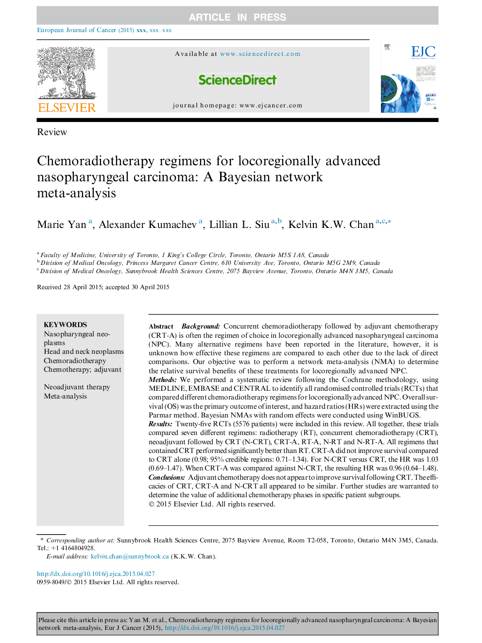 Chemoradiotherapy regimens for locoregionally advanced nasopharyngeal carcinoma: A Bayesian network meta-analysis