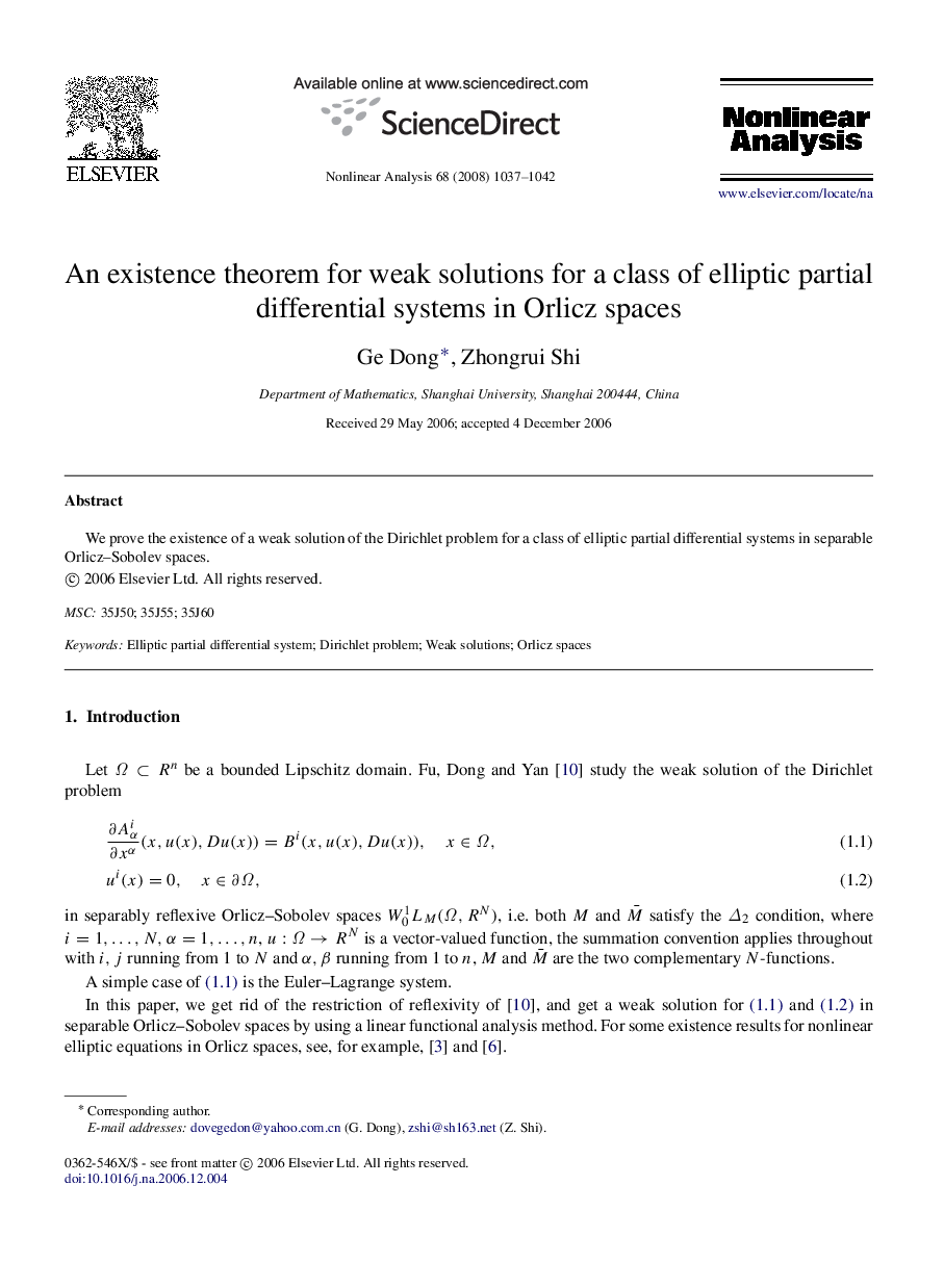 An existence theorem for weak solutions for a class of elliptic partial differential systems in Orlicz spaces