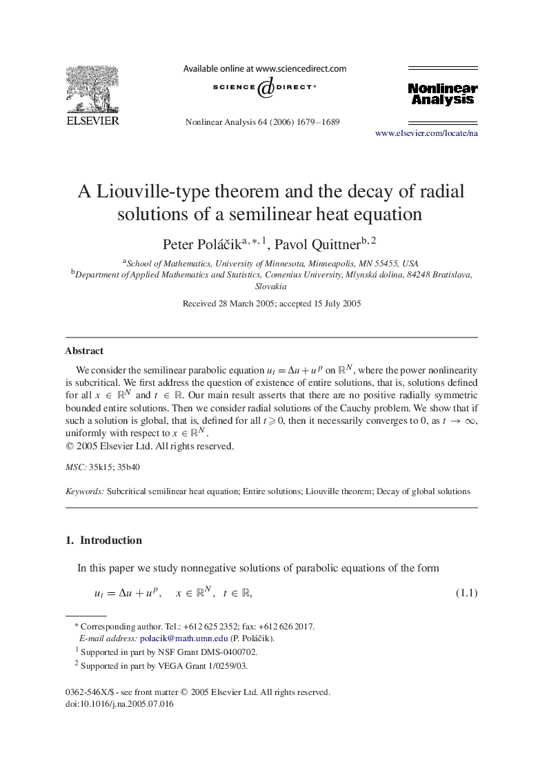 A Liouville-type theorem and the decay of radial solutions of a semilinear heat equation