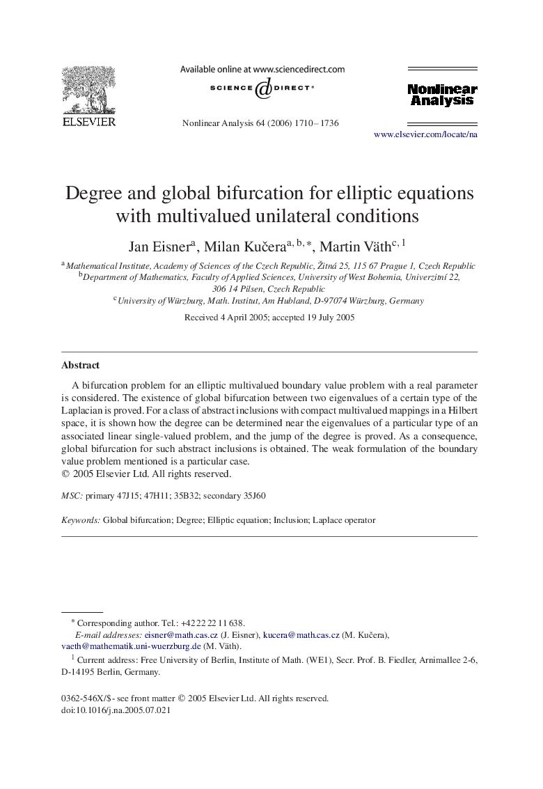 Degree and global bifurcation for elliptic equations with multivalued unilateral conditions