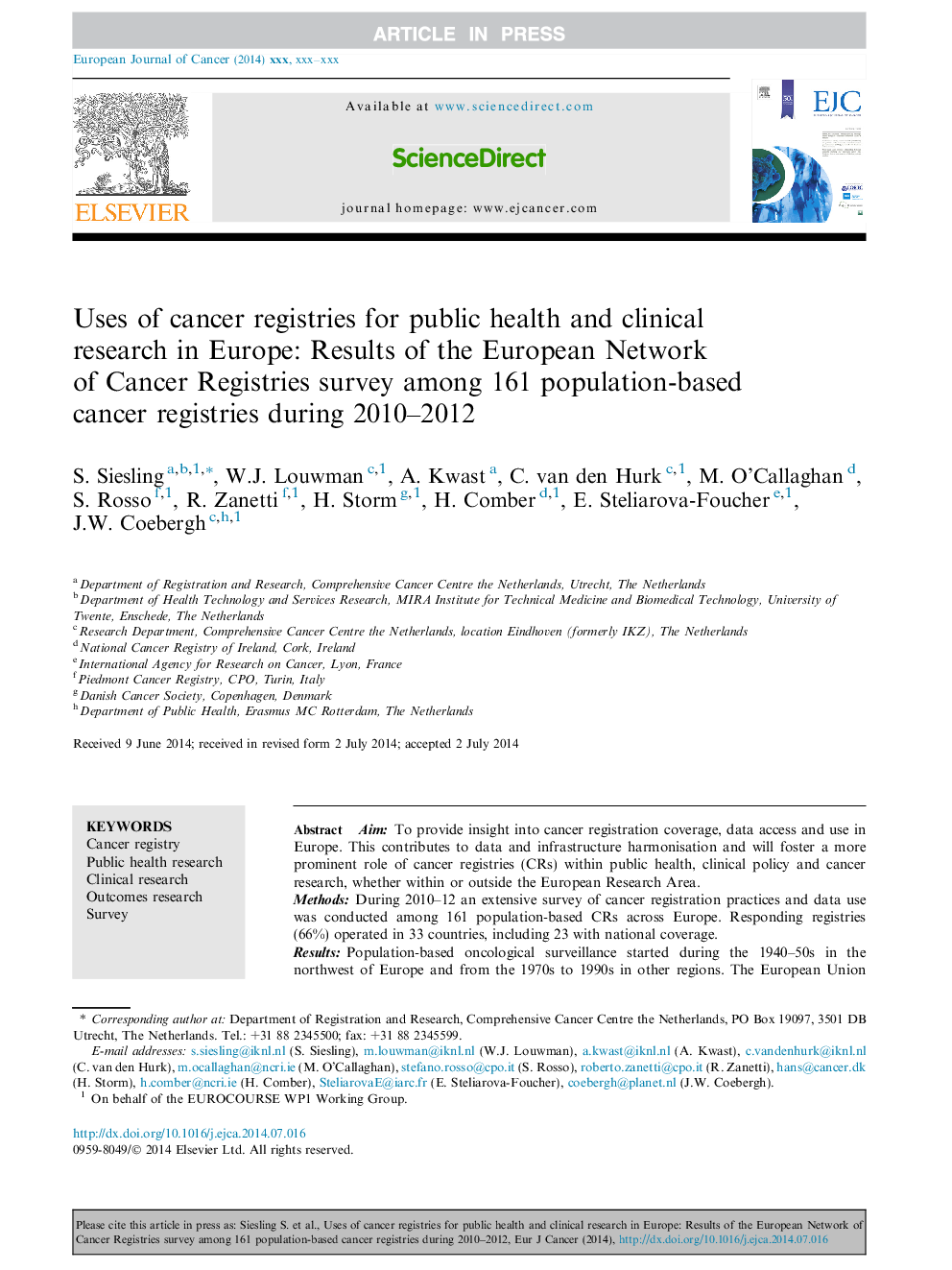 Uses of cancer registries for public health and clinical research in Europe: Results of the European Network of Cancer Registries survey among 161 population-based cancer registries during 2010-2012