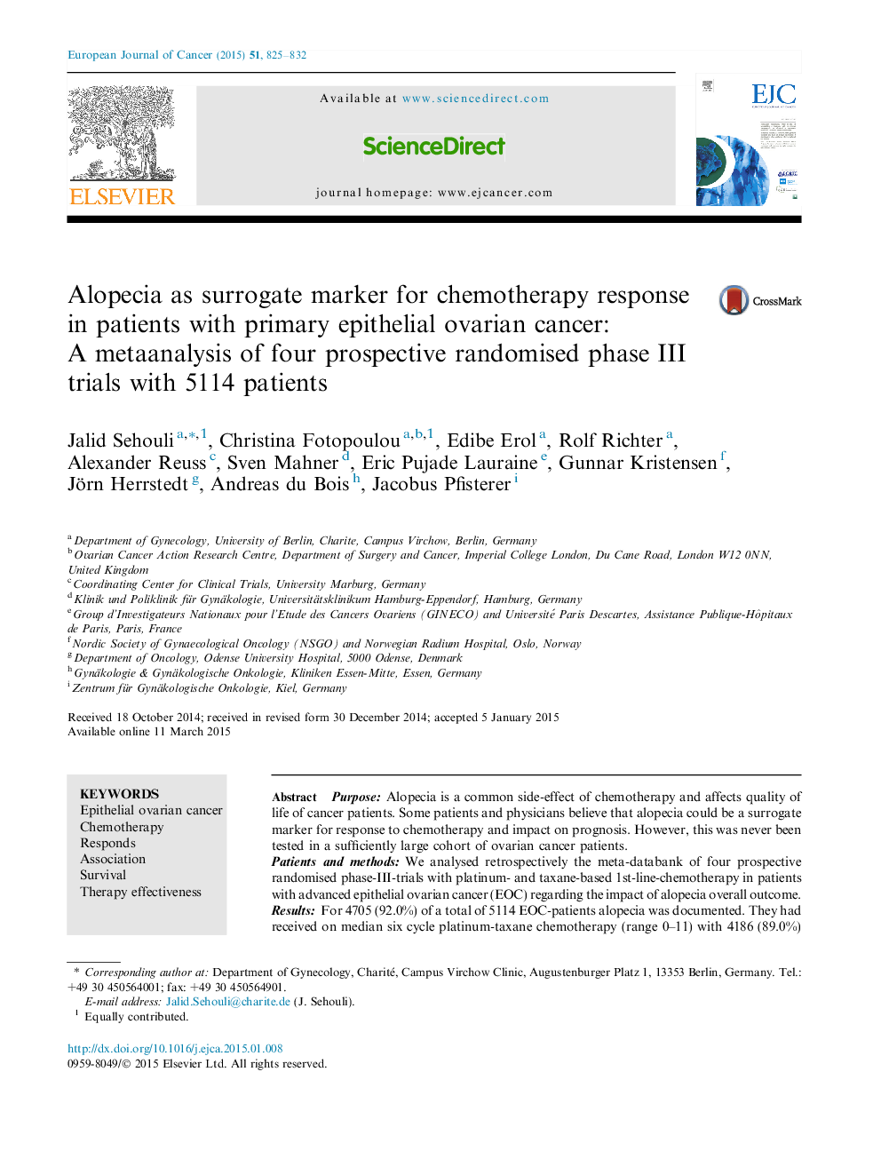 Alopecia as surrogate marker for chemotherapy response in patients with primary epithelial ovarian cancer: A metaanalysis of four prospective randomised phase III trials with 5114 patients