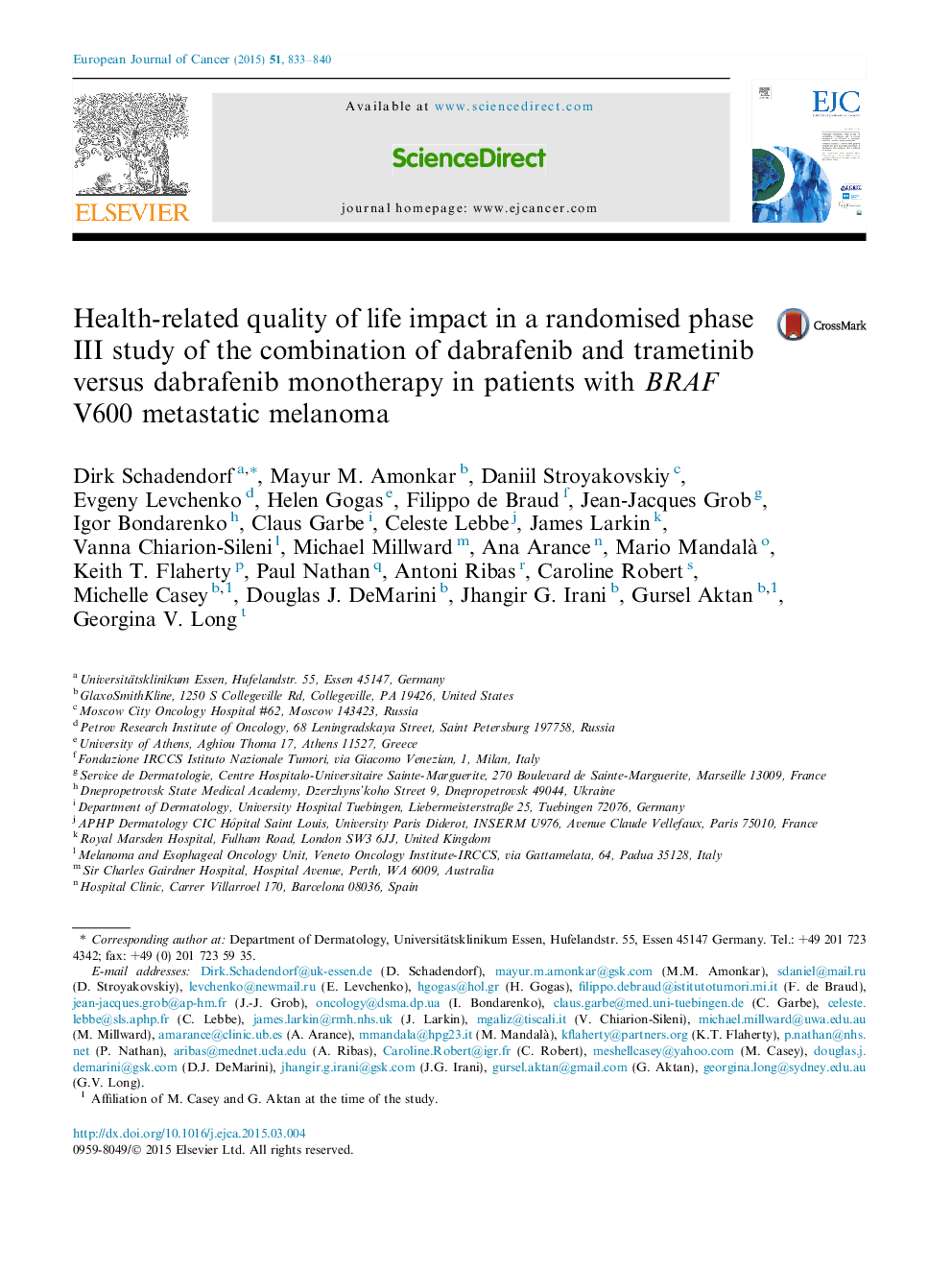 Health-related quality of life impact in a randomised phase III study of the combination of dabrafenib and trametinib versus dabrafenib monotherapy in patients with BRAF V600 metastatic melanoma