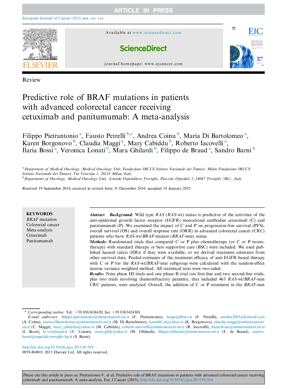 Predictive role of BRAF mutations in patients with advanced colorectal cancer receiving cetuximab and panitumumab: A meta-analysis