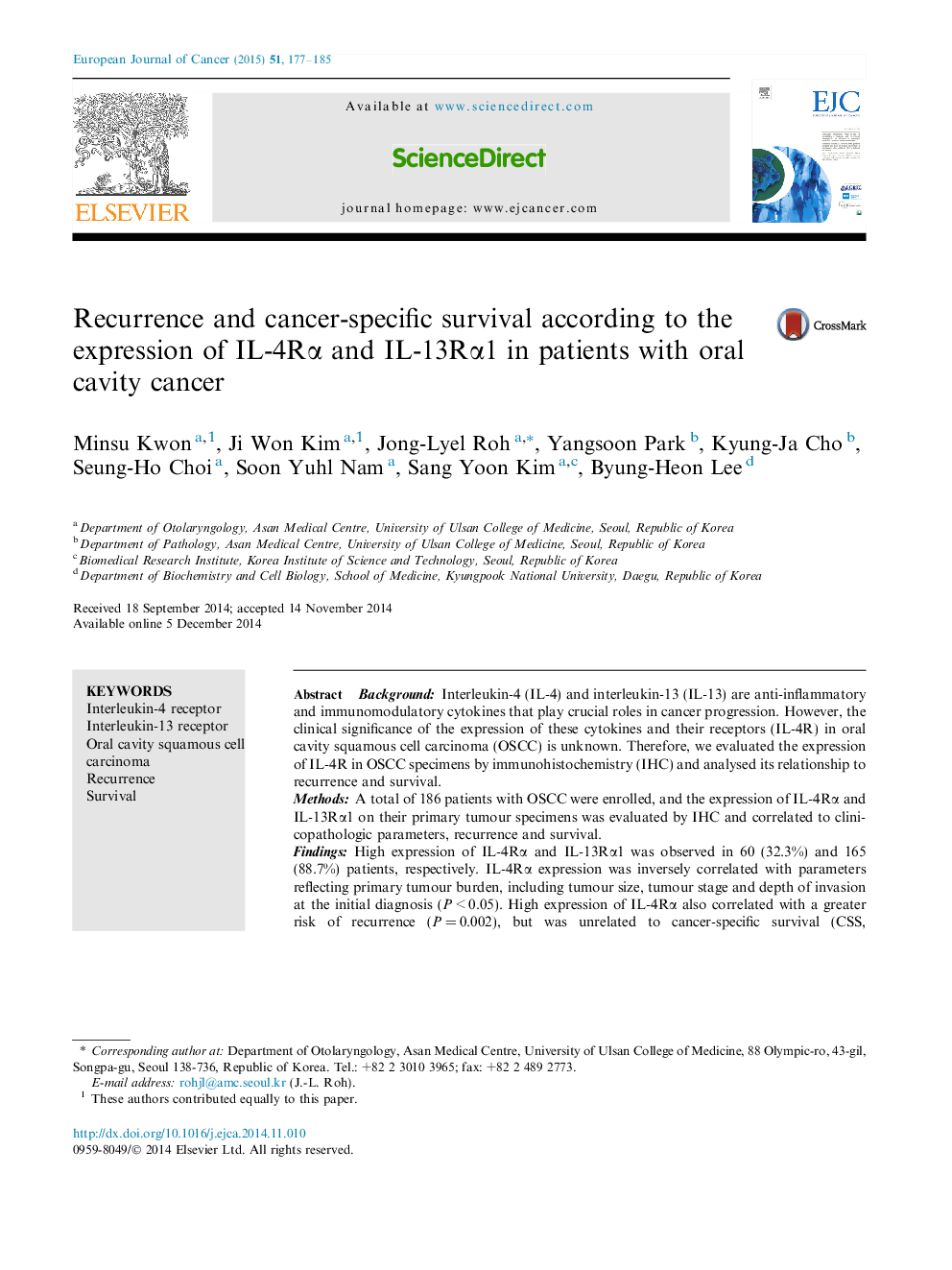 Recurrence and cancer-specific survival according to the expression of IL-4RÎ± and IL-13RÎ±1 in patients with oral cavity cancer