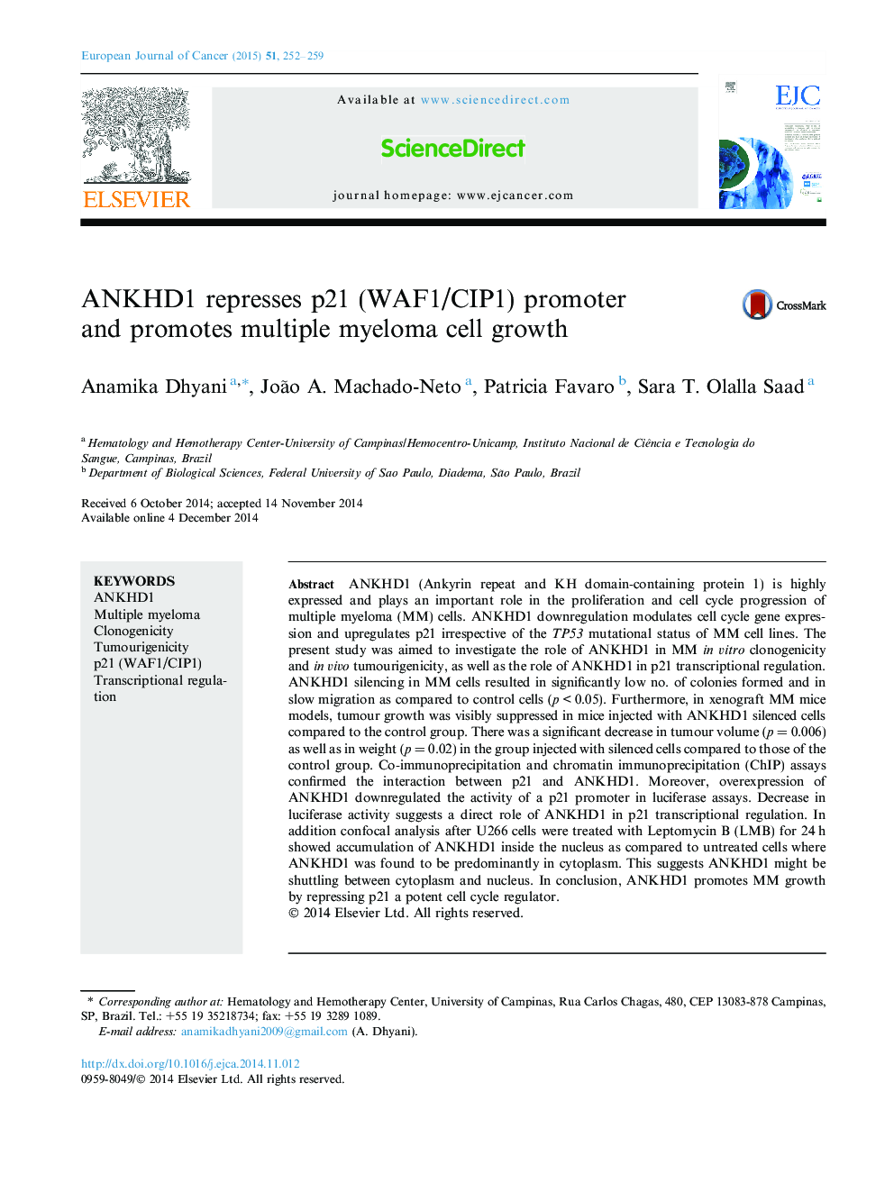 ANKHD1 represses p21 (WAF1/CIP1) promoter and promotes multiple myeloma cell growth