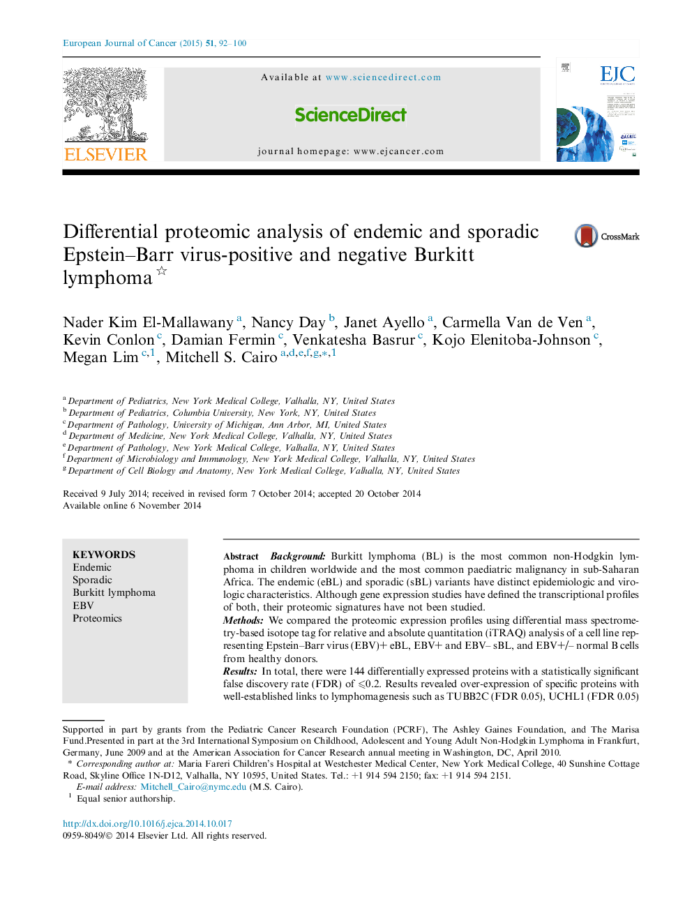 Differential proteomic analysis of endemic and sporadic Epstein-Barr virus-positive and negative Burkitt lymphoma