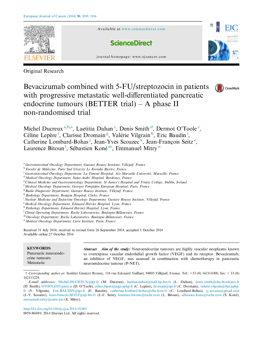 Bevacizumab combined with 5-FU/streptozocin in patients with progressive metastatic well-differentiated pancreatic endocrine tumours (BETTER trial) - A phase II non-randomised trial