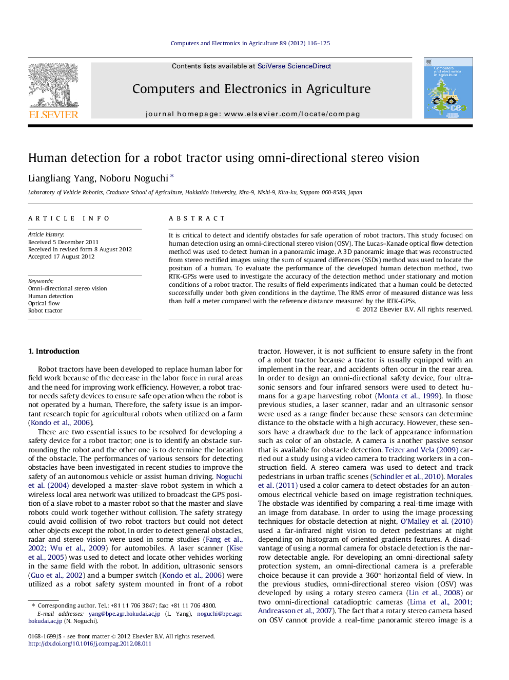 Human detection for a robot tractor using omni-directional stereo vision