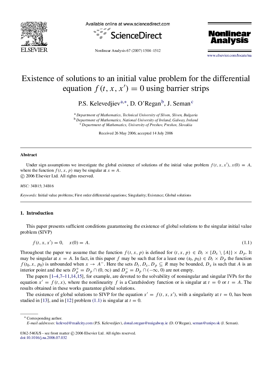 Existence of solutions to an initial value problem for the differential equation f(t,x,xâ²)=0 using barrier strips