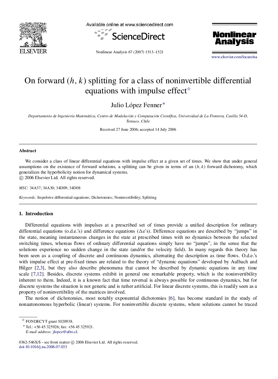 On forward (h,k) splitting for a class of noninvertible differential equations with impulse effect