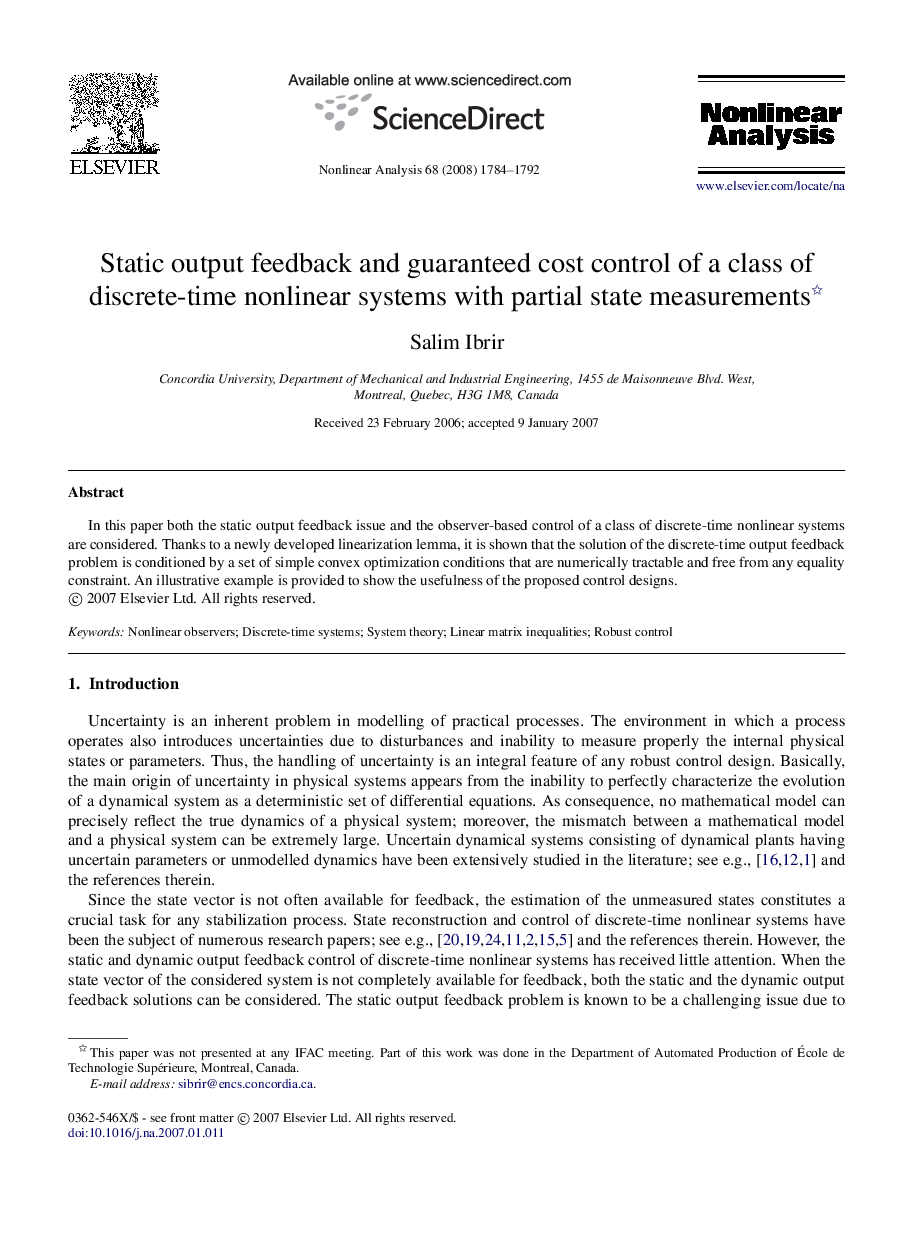 Static output feedback and guaranteed cost control of a class of discrete-time nonlinear systems with partial state measurements 