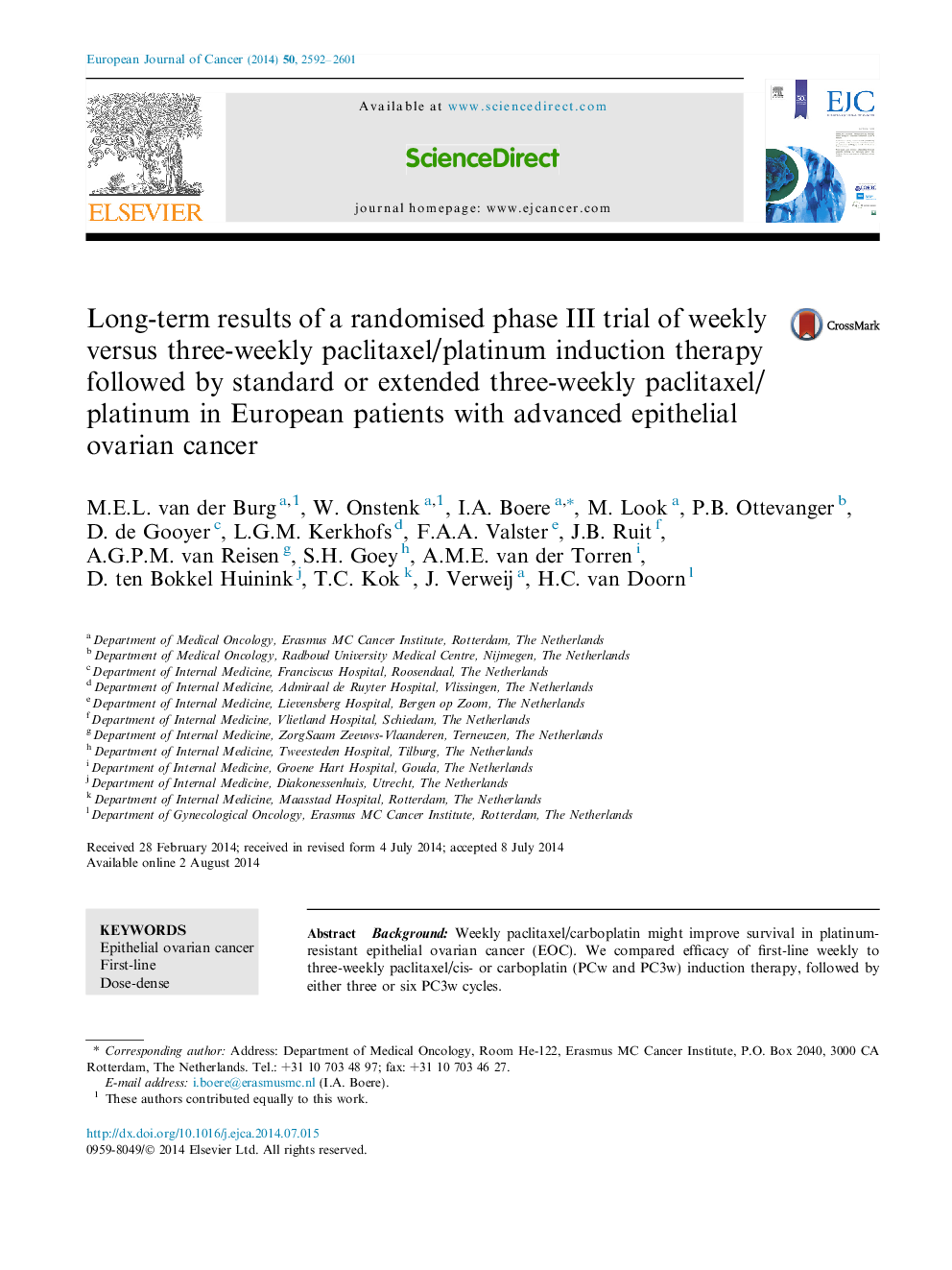 Long-term results of a randomised phase III trial of weekly versus three-weekly paclitaxel/platinum induction therapy followed by standard or extended three-weekly paclitaxel/platinum in European patients with advanced epithelial ovarian cancer