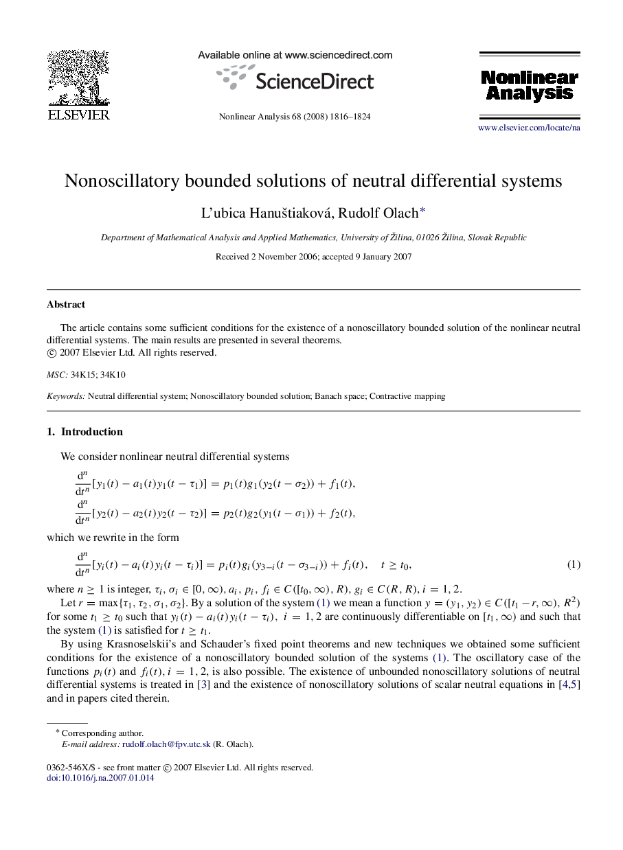 Nonoscillatory bounded solutions of neutral differential systems