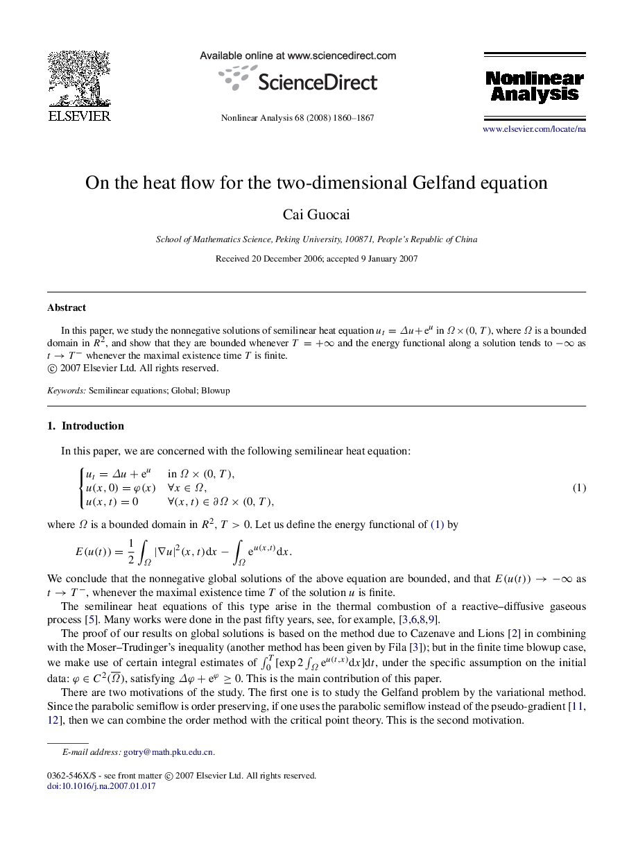 عکس صفحه اول مقاله: On the heat flow for the two-dimensional Gelfand equation On the heat flow for the two-dimensional Gelfand equation