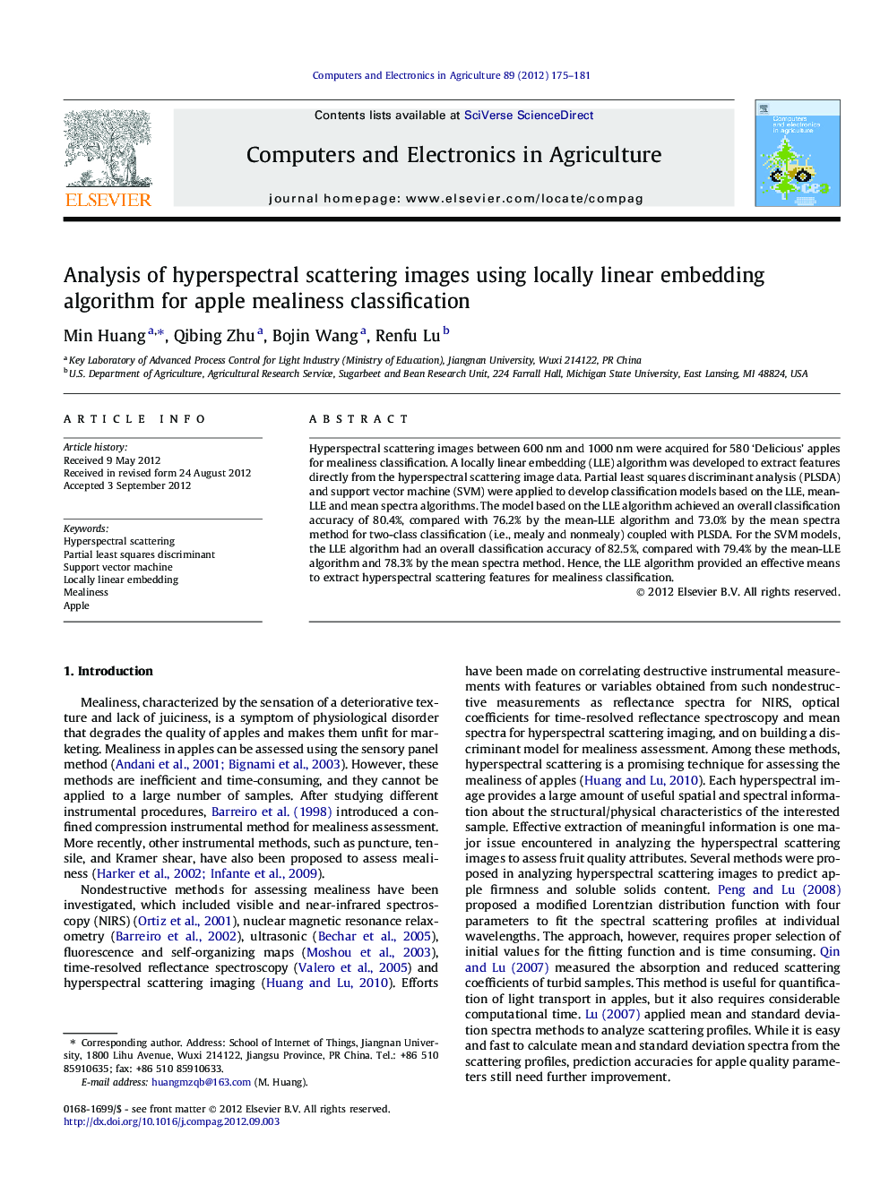 Analysis of hyperspectral scattering images using locally linear embedding algorithm for apple mealiness classification