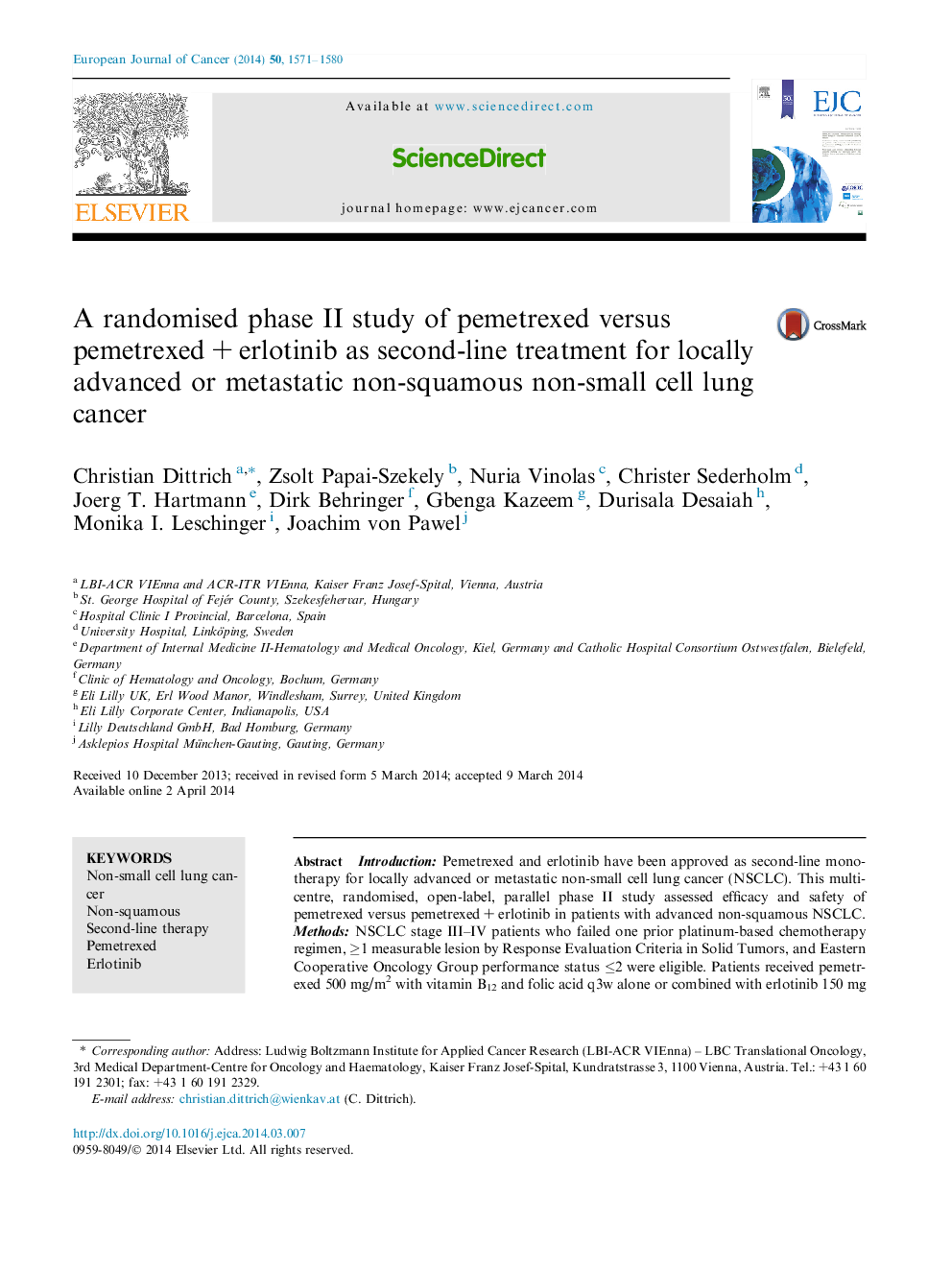 A randomised phase II study of pemetrexed versus pemetrexedÂ +Â erlotinib as second-line treatment for locally advanced or metastatic non-squamous non-small cell lung cancer