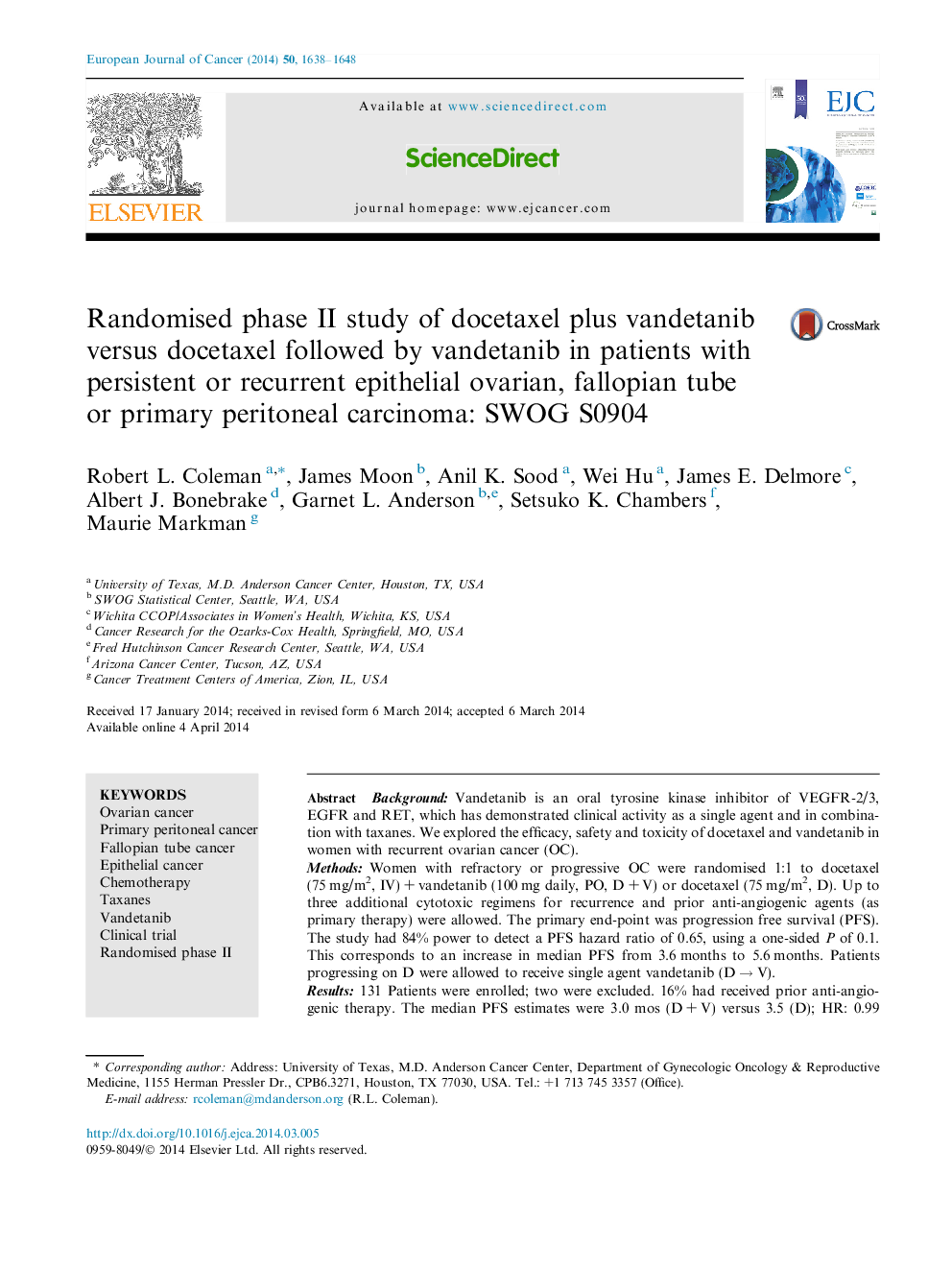 Randomised phase II study of docetaxel plus vandetanib versus docetaxel followed by vandetanib in patients with persistent or recurrent epithelial ovarian, fallopian tube or primary peritoneal carcinoma: SWOG S0904