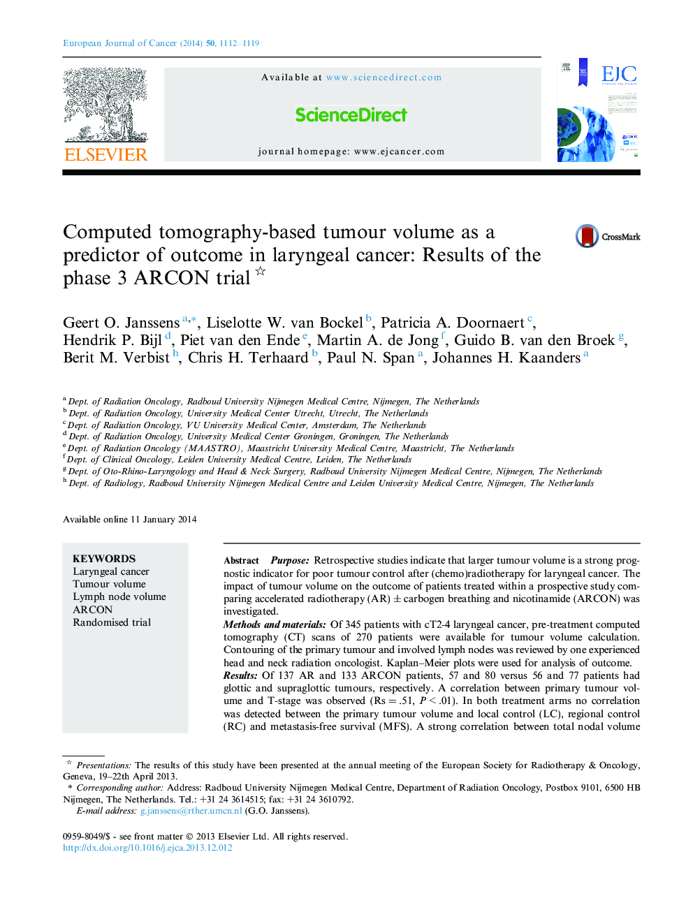 Computed tomography-based tumour volume as a predictor of outcome in laryngeal cancer: Results of the phase 3 ARCON trial