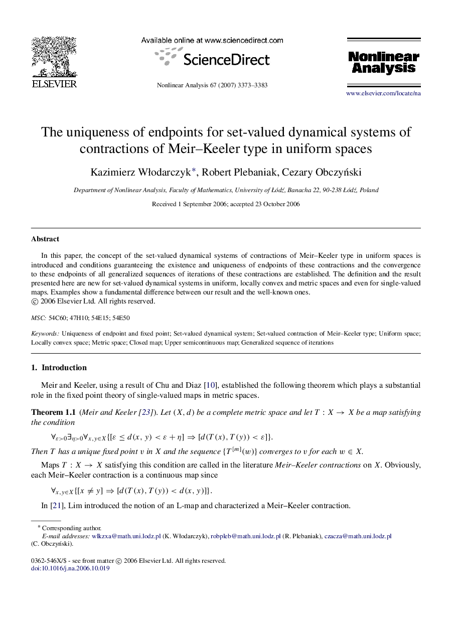 The uniqueness of endpoints for set-valued dynamical systems of contractions of Meir–Keeler type in uniform spaces