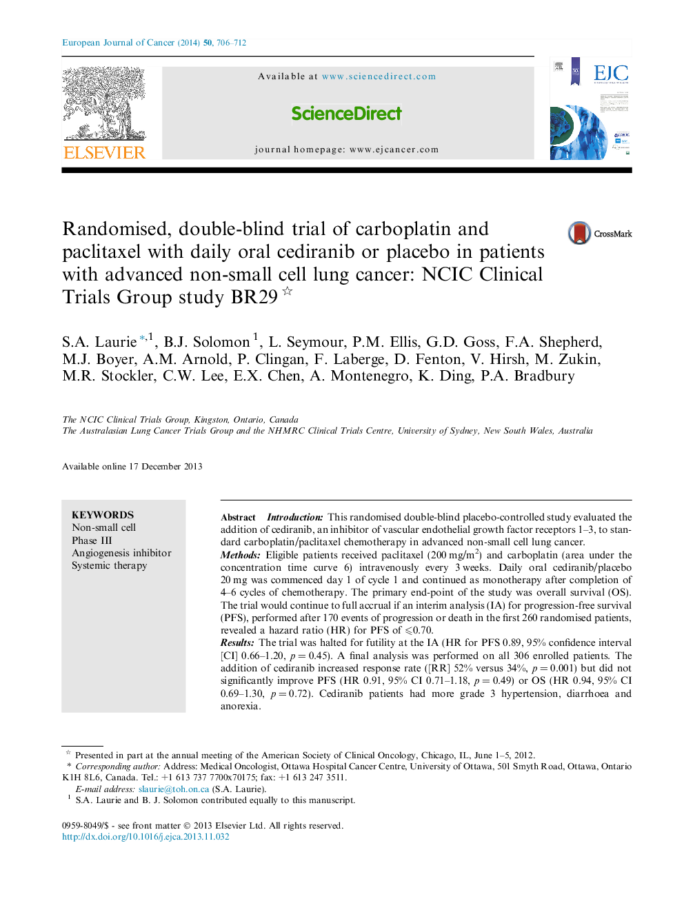 Randomised, double-blind trial of carboplatin and paclitaxel with daily oral cediranib or placebo in patients with advanced non-small cell lung cancer: NCIC Clinical Trials Group study BR29