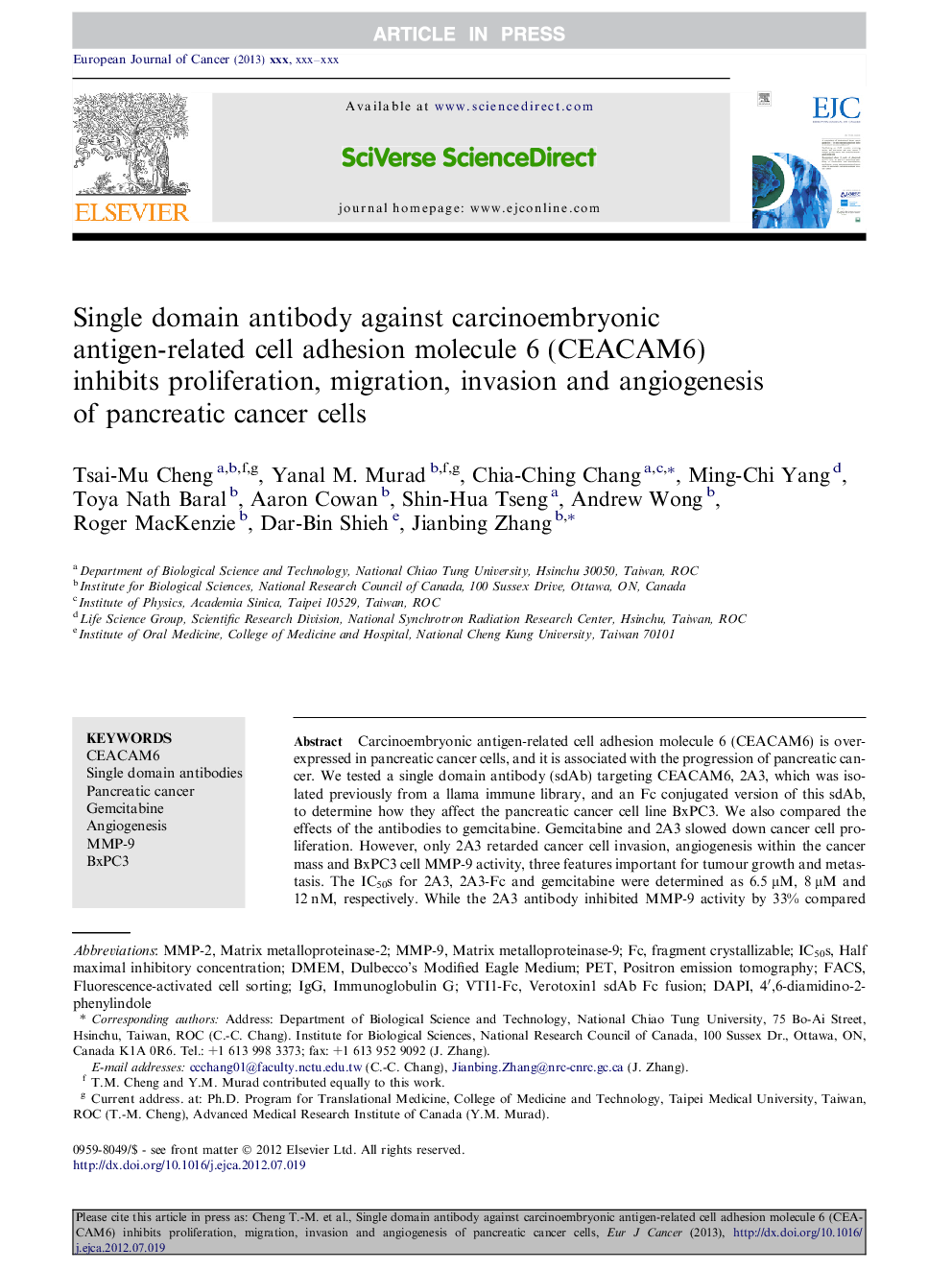 Single domain antibody against carcinoembryonic antigen-related cell adhesion molecule 6 (CEACAM6) inhibits proliferation, migration, invasion and angiogenesis of pancreatic cancer cells