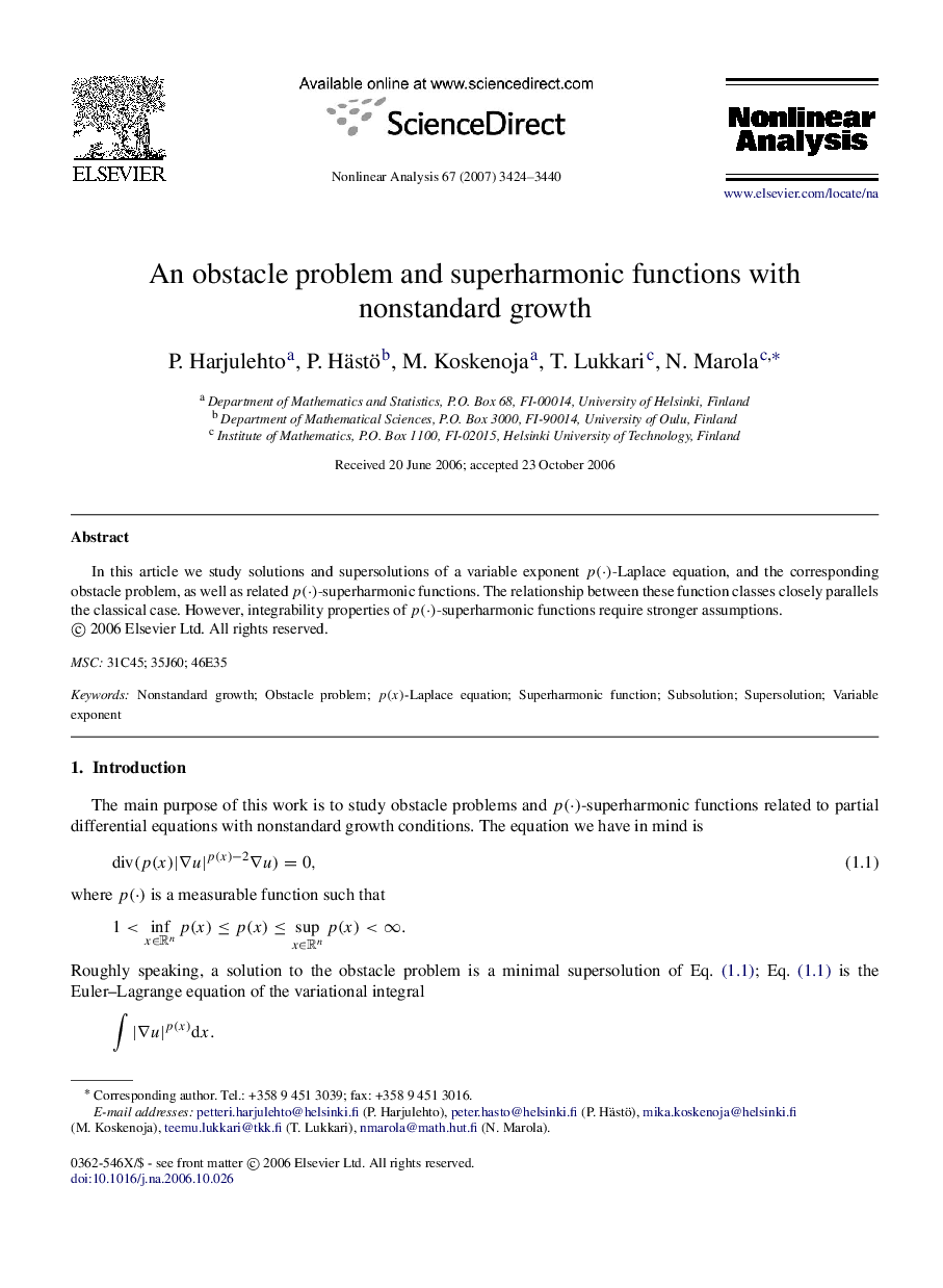 An obstacle problem and superharmonic functions with nonstandard growth