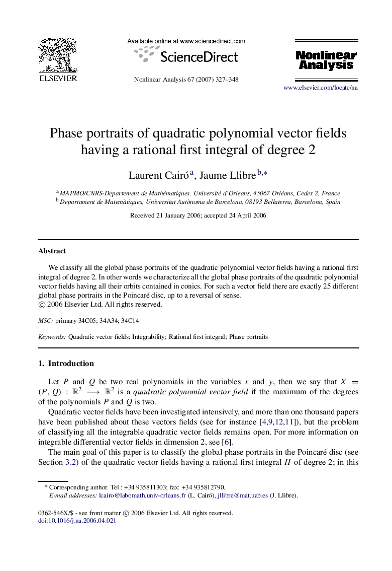 Phase portraits of quadratic polynomial vector fields having a rational first integral of degree 2