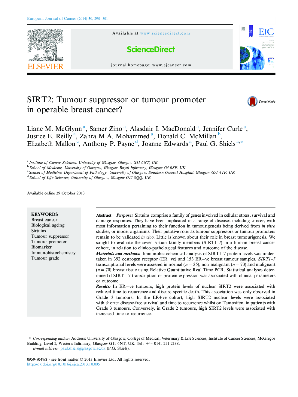 SIRT2: Tumour suppressor or tumour promoter in operable breast cancer?