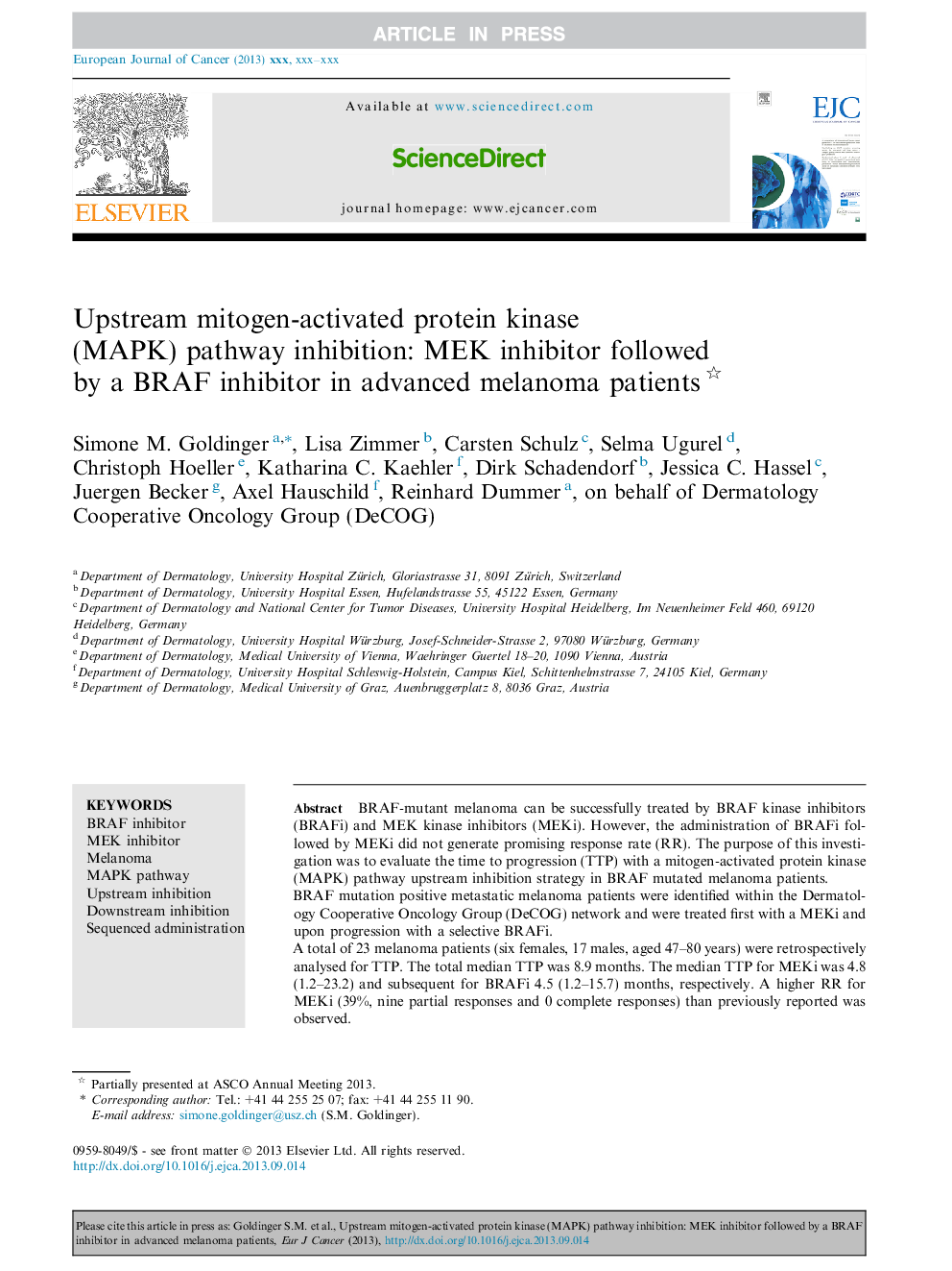 Upstream mitogen-activated protein kinase (MAPK) pathway inhibition: MEK inhibitor followed by a BRAF inhibitor in advanced melanoma patients