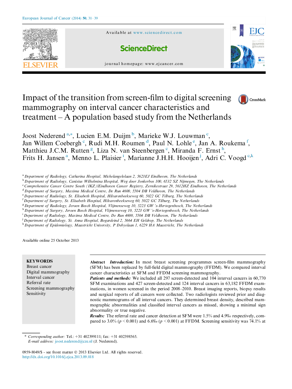 Impact of the transition from screen-film to digital screening mammography on interval cancer characteristics and treatment - A population based study from the Netherlands