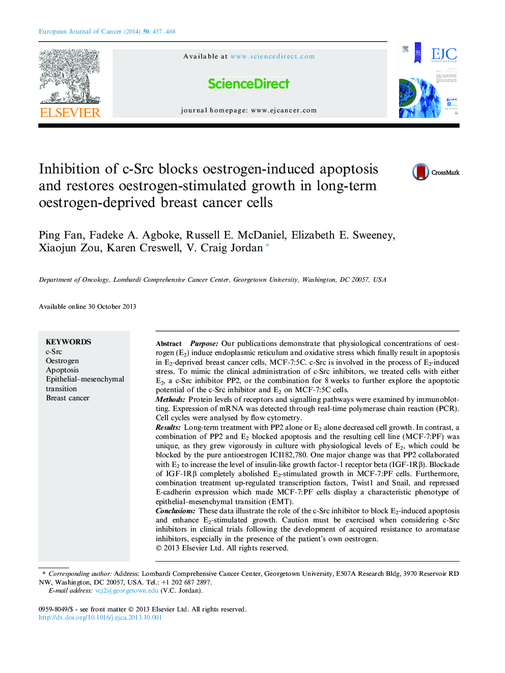 Inhibition of c-Src blocks oestrogen-induced apoptosis and restores oestrogen-stimulated growth in long-term oestrogen-deprived breast cancer cells