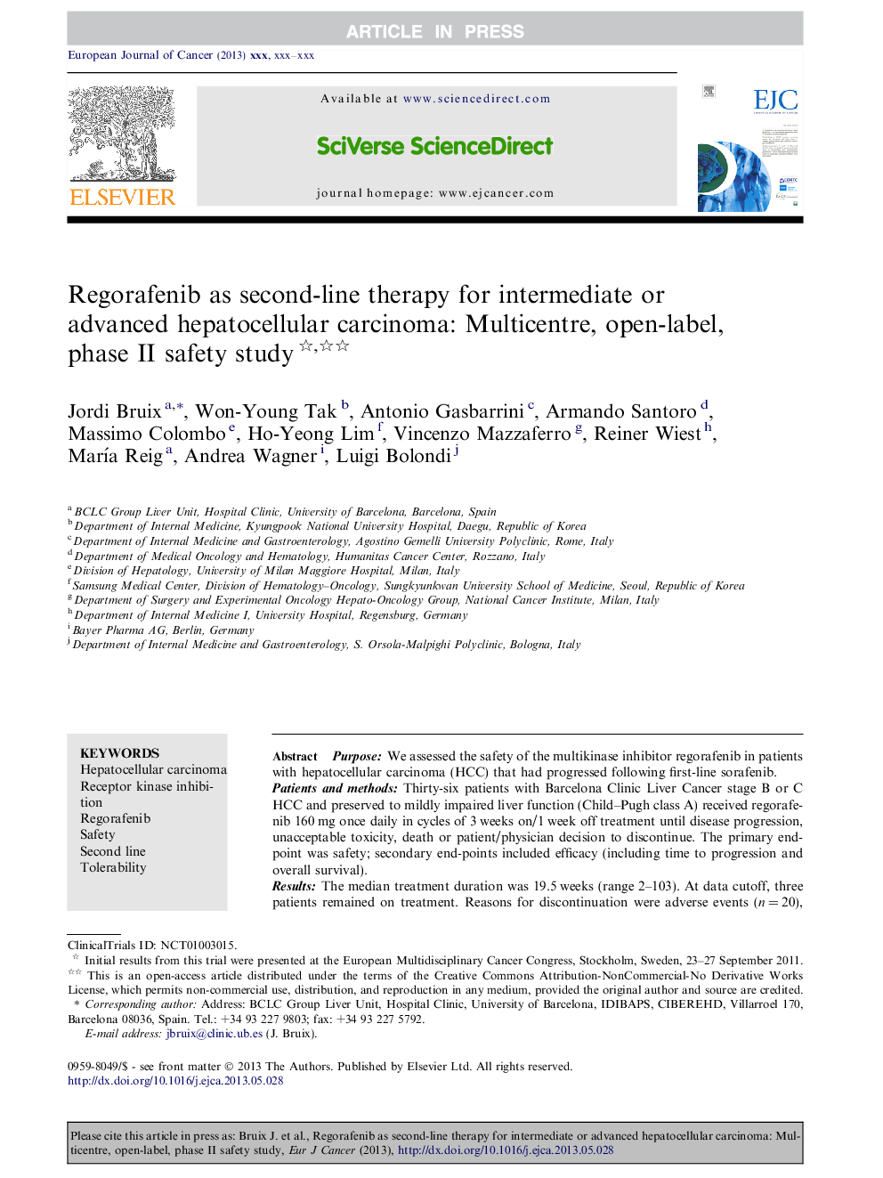 Regorafenib as second-line therapy for intermediate or advanced hepatocellular carcinoma: Multicentre, open-label, phase II safety study