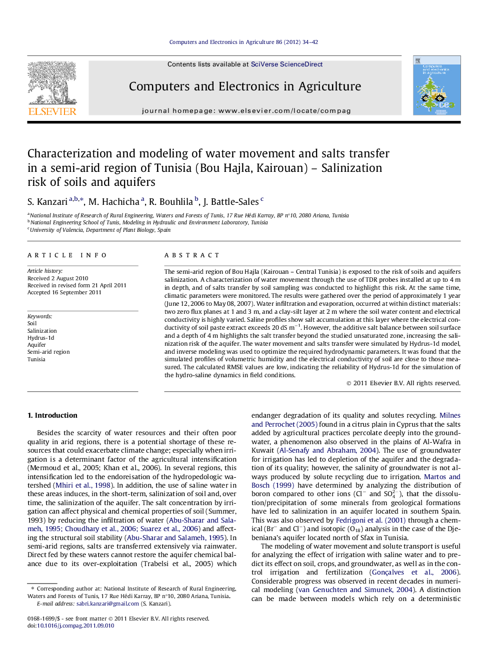 Characterization and modeling of water movement and salts transfer in a semi-arid region of Tunisia (Bou Hajla, Kairouan) – Salinization risk of soils and aquifers