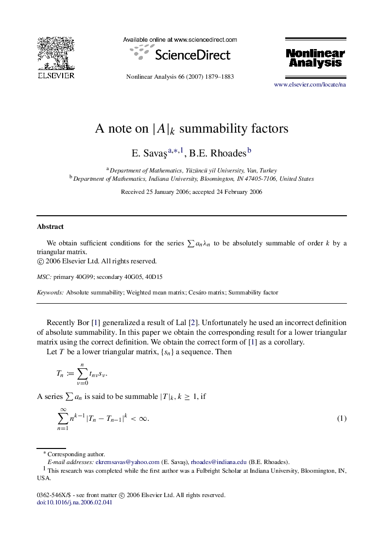 A note on |A|k summability factors