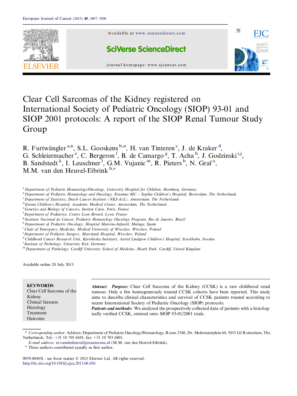 Clear Cell Sarcomas of the Kidney registered on International Society of Pediatric Oncology (SIOP) 93-01 and SIOP 2001 protocols: A report of the SIOP Renal Tumour Study Group