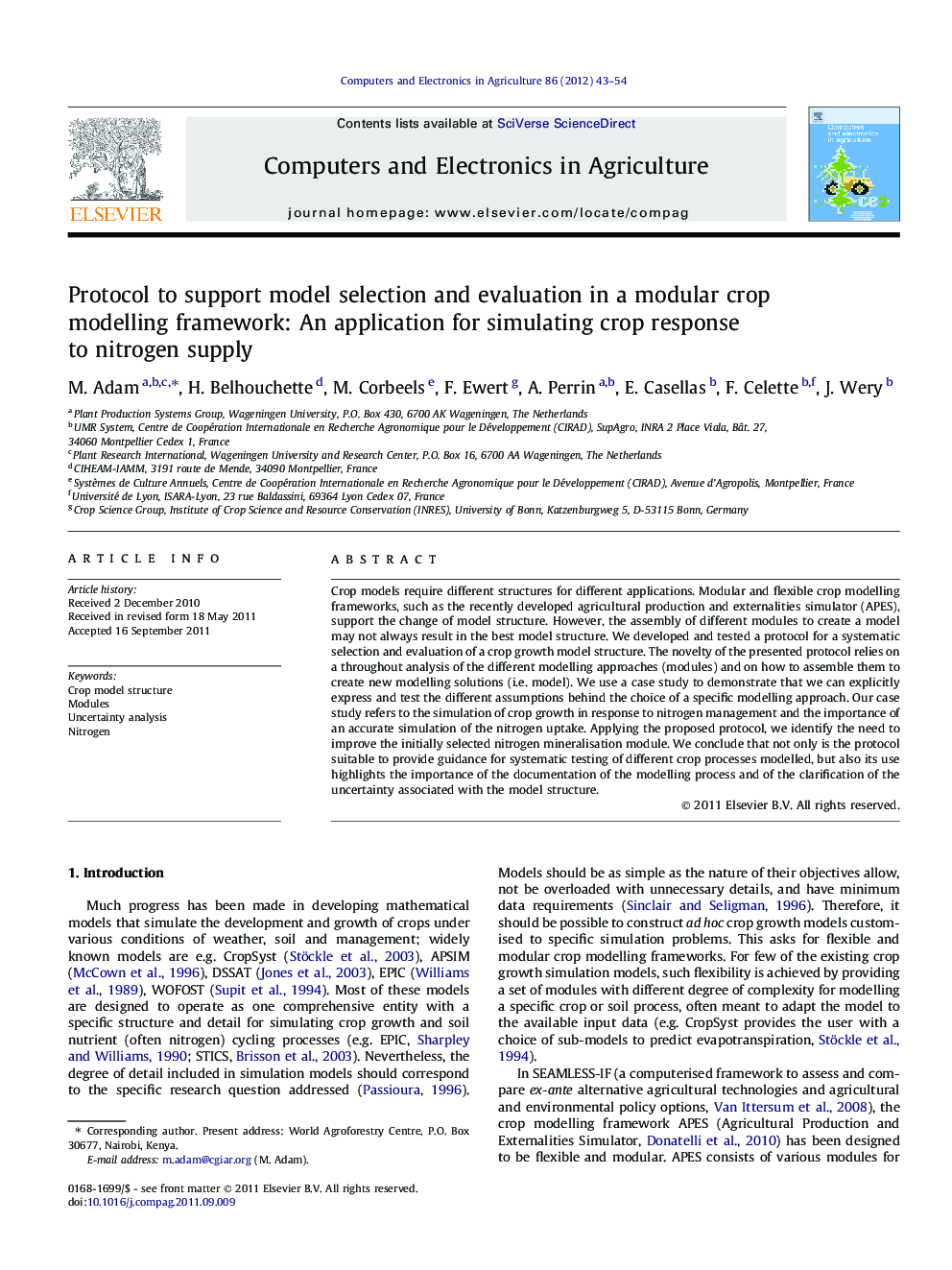 Protocol to support model selection and evaluation in a modular crop modelling framework: An application for simulating crop response to nitrogen supply