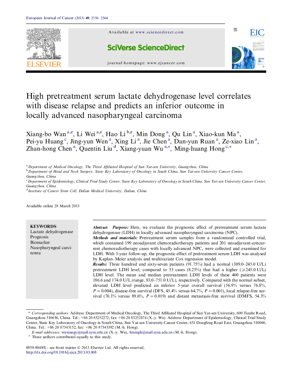 High pretreatment serum lactate dehydrogenase level correlates with disease relapse and predicts an inferior outcome in locally advanced nasopharyngeal carcinoma