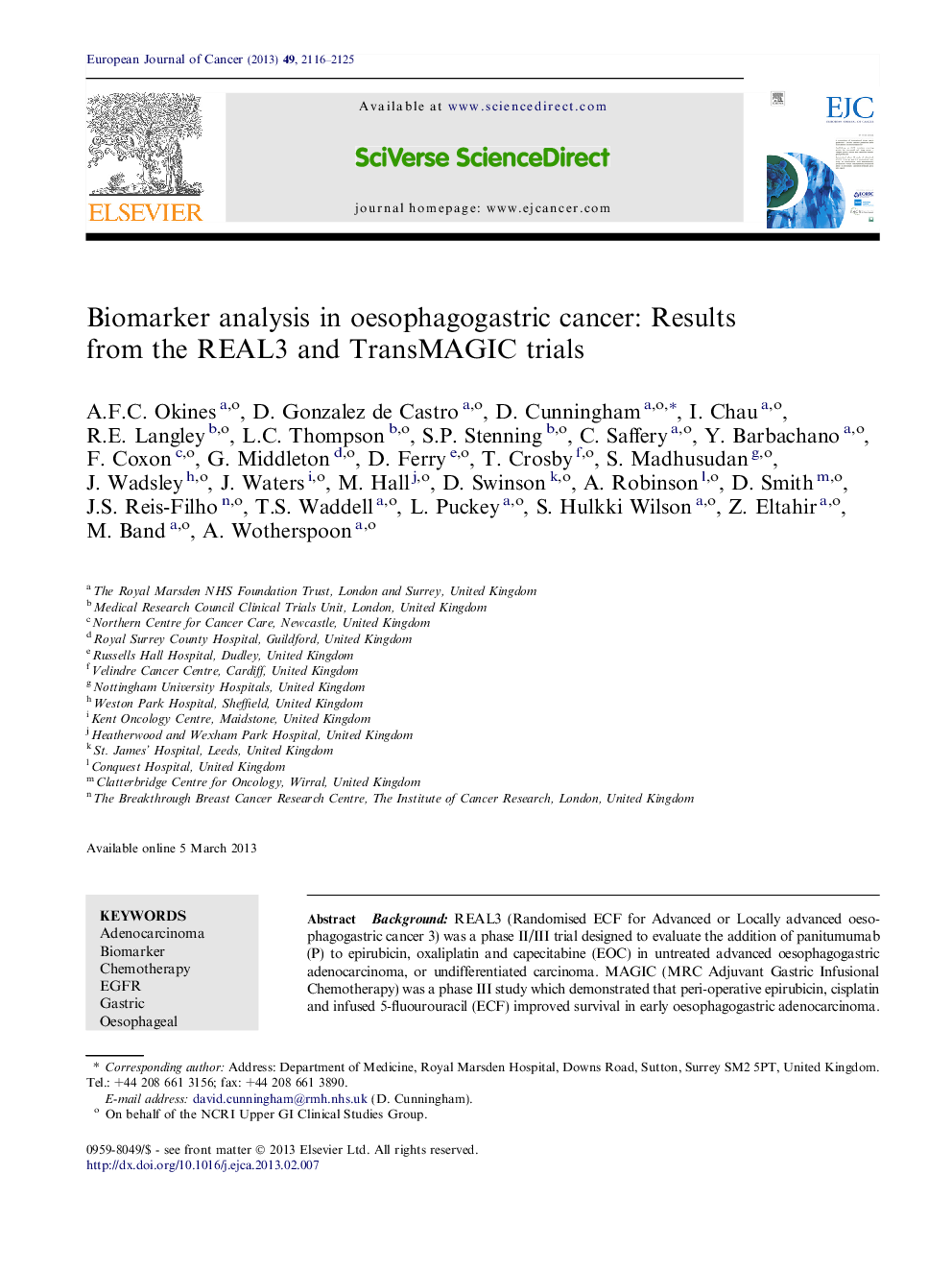 Biomarker analysis in oesophagogastric cancer: Results from the REAL3 and TransMAGIC trials