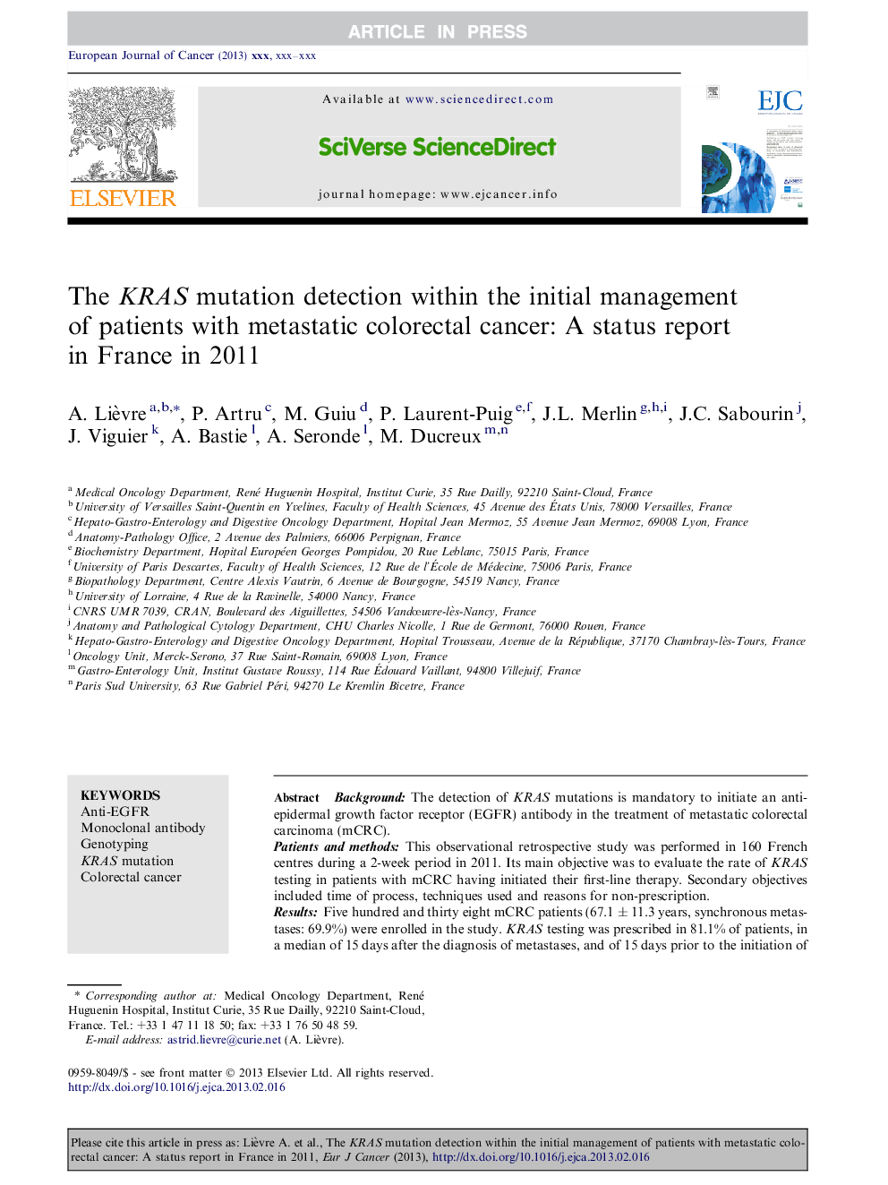 The KRAS mutation detection within the initial management of patients with metastatic colorectal cancer: A status report in France in 2011