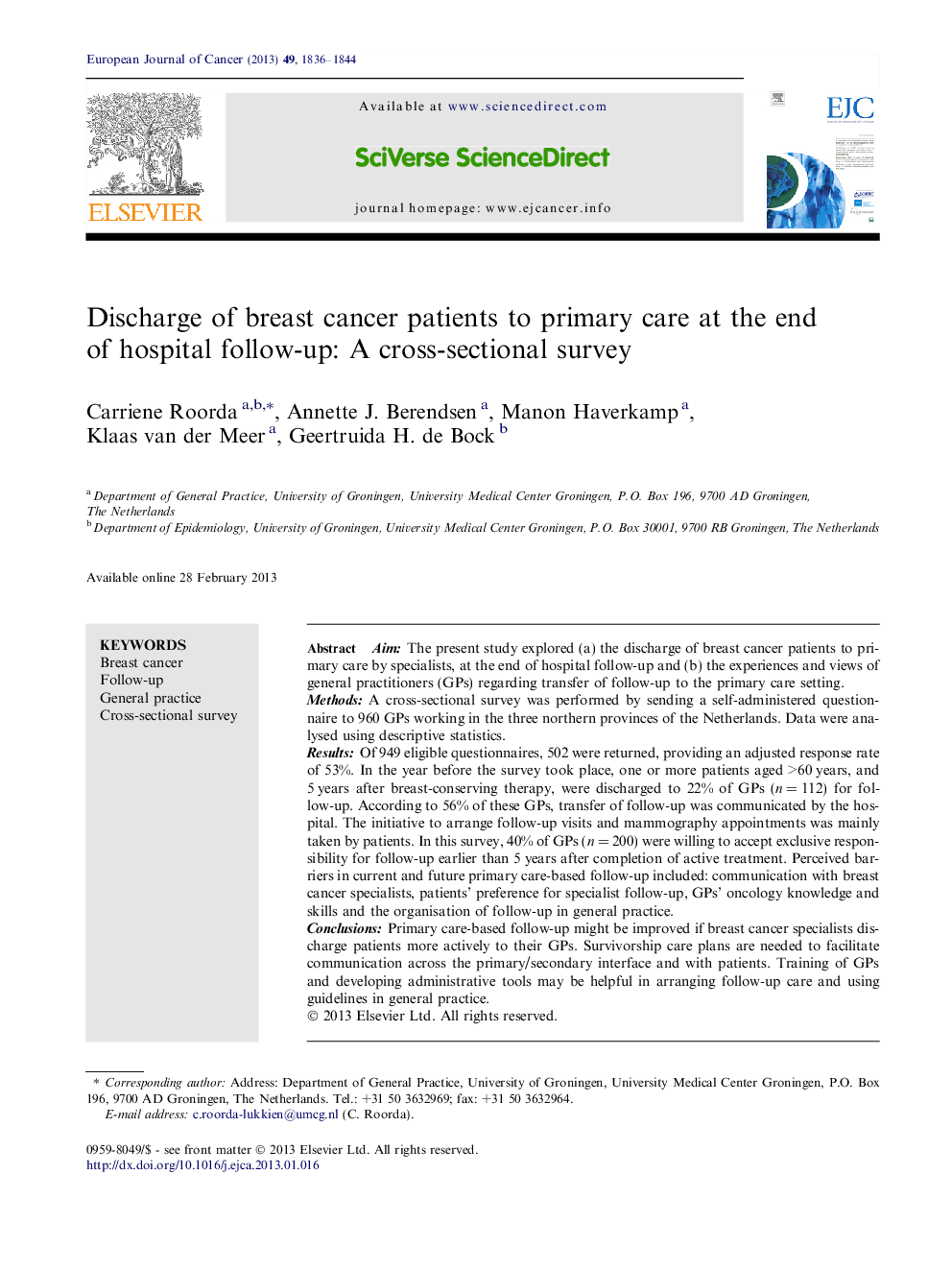 Discharge of breast cancer patients to primary care at the end of hospital follow-up: A cross-sectional survey