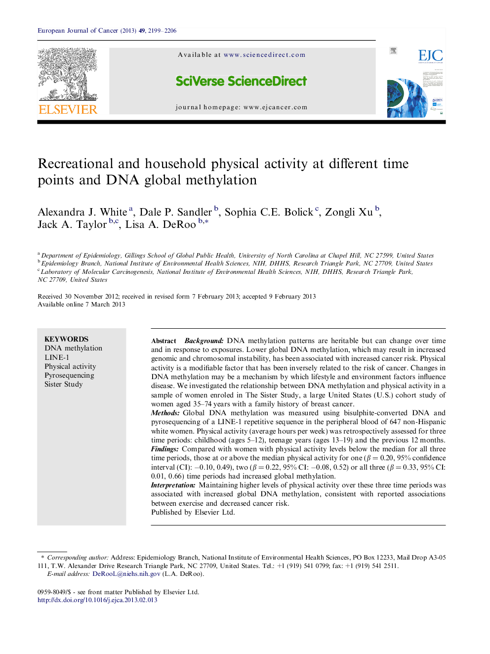 Recreational and household physical activity at different time points and DNA global methylation