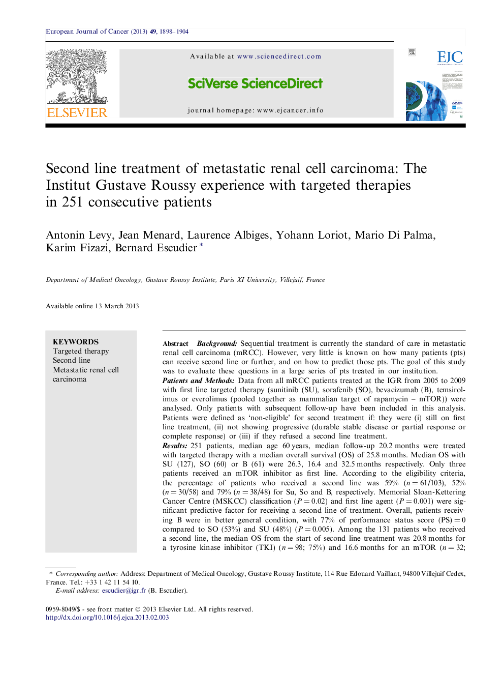 Second line treatment of metastatic renal cell carcinoma: The Institut Gustave Roussy experience with targeted therapies in 251 consecutive patients