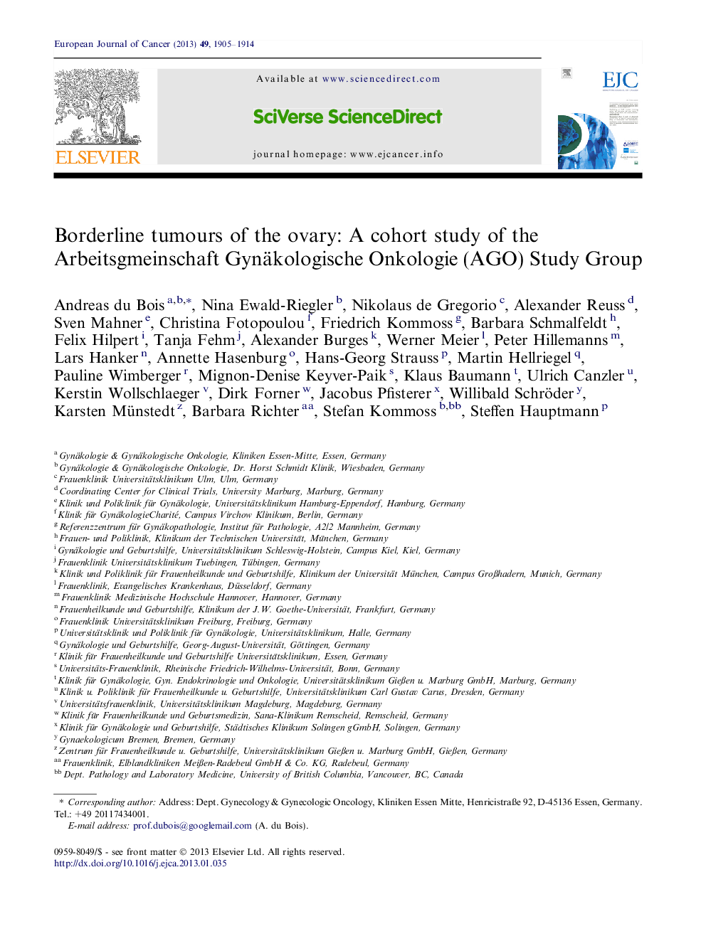 Borderline tumours of the ovary: A cohort study of the Arbeitsgemeinschaft Gynäkologische Onkologie (AGO) Study Group