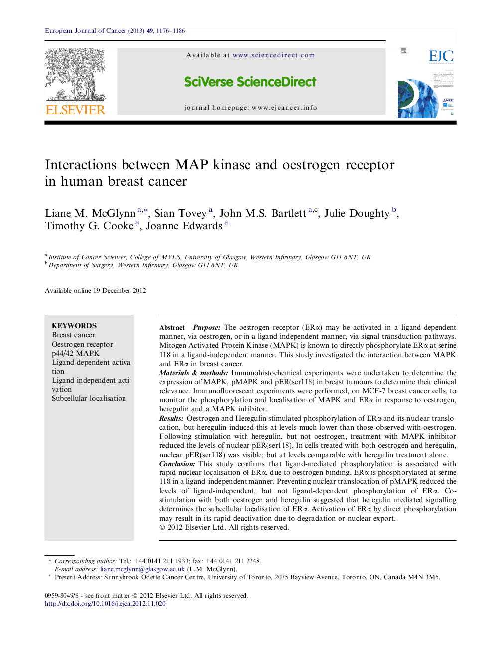 Interactions between MAP kinase and oestrogen receptor in human breast cancer