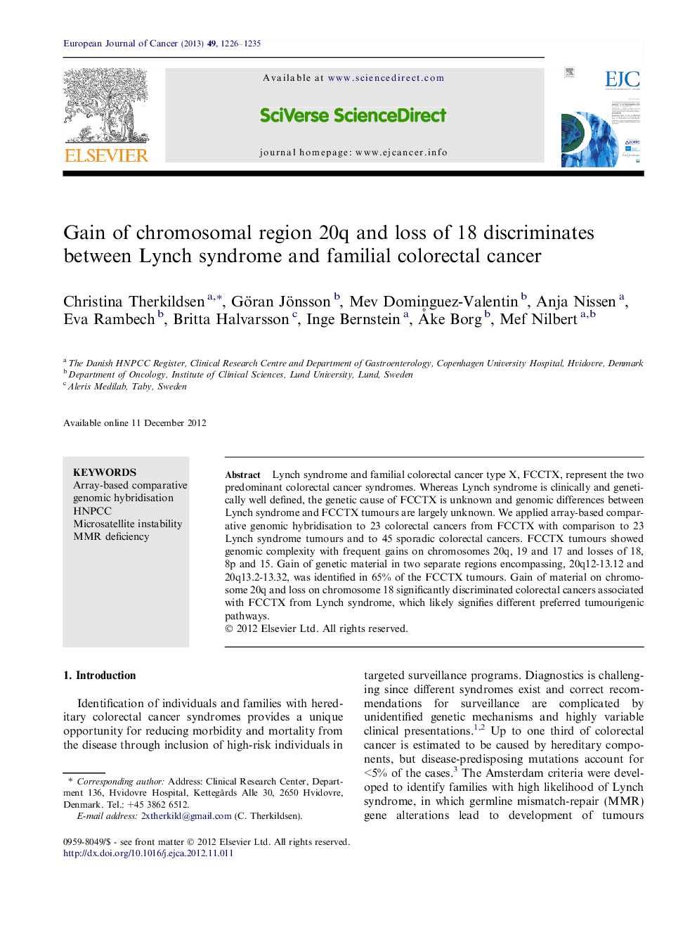 عکس صفحه اول مقاله: Gain of chromosomal region 20q and loss of 18 discriminates between Lynch syndrome and familial colorectal cancer Gain of chromosomal region 20q and loss of 18 discriminates between Lynch syndrome and familial colorectal cancer