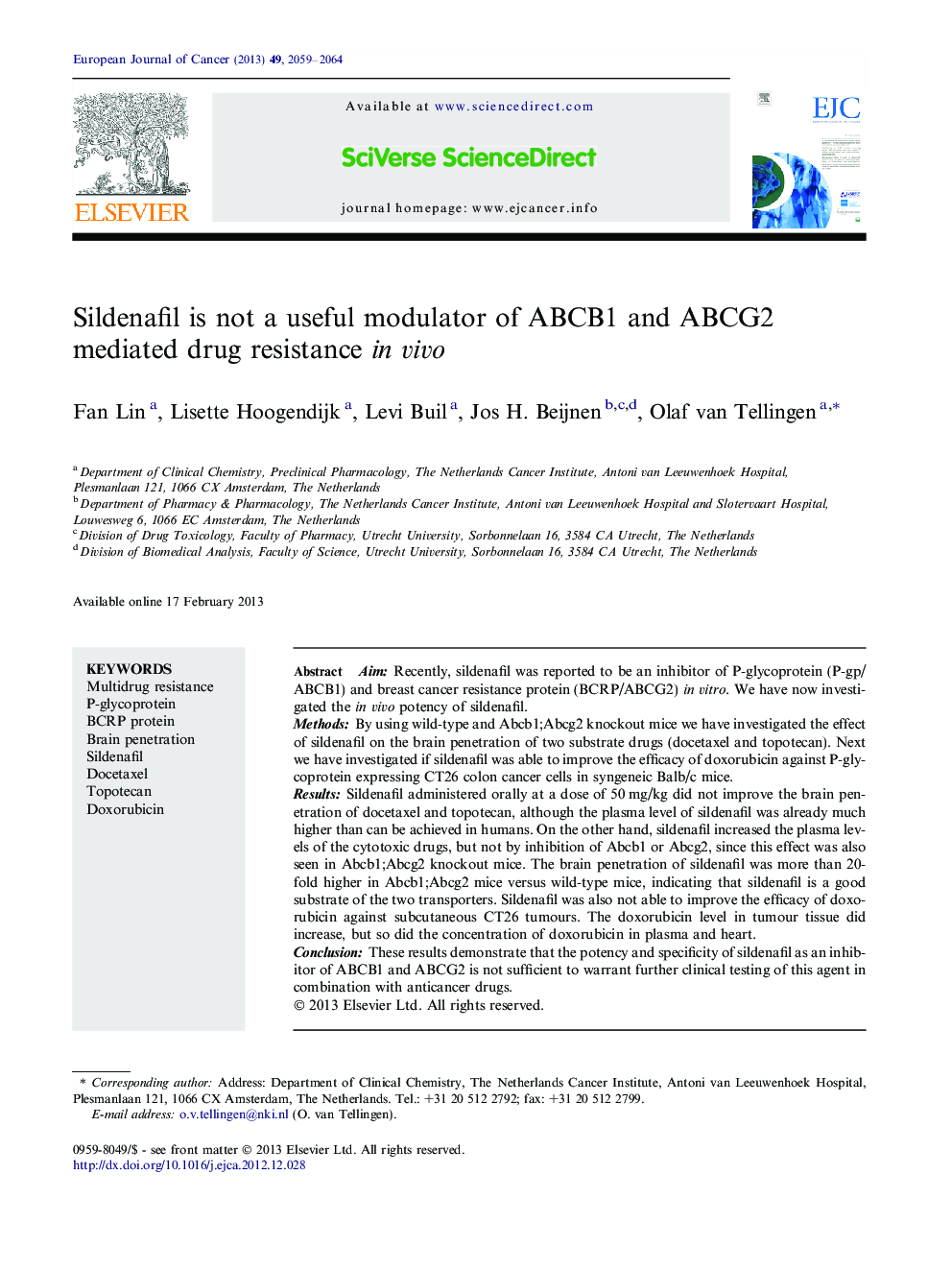 Sildenafil is not a useful modulator of ABCB1 and ABCG2 mediated drug resistance in vivo