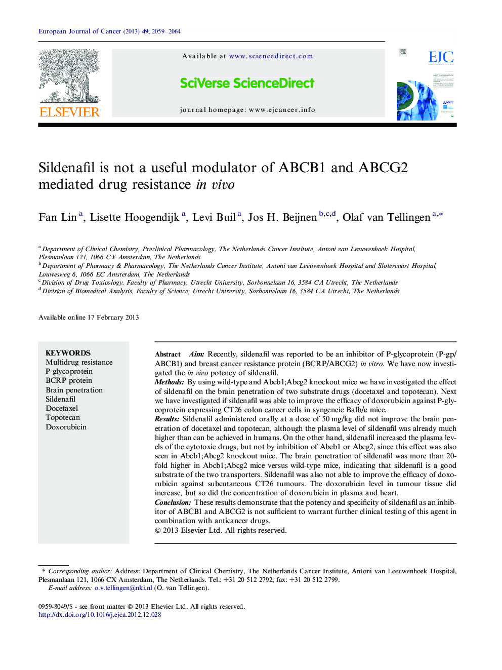 عکس صفحه اول مقاله: Sildenafil is not a useful modulator of ABCB1 and ABCG2 mediated drug resistance in vivo Sildenafil is not a useful modulator of ABCB1 and ABCG2 mediated drug resistance in vivo