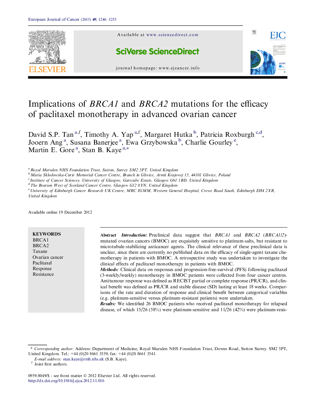 Implications of BRCA1 and BRCA2 mutations for the efficacy of paclitaxel monotherapy in advanced ovarian cancer