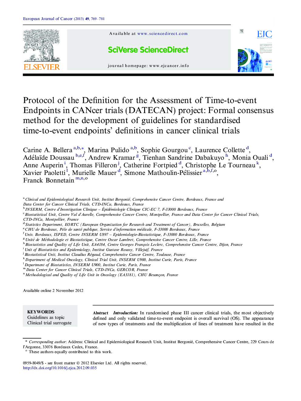 Protocol of the Definition for the Assessment of Time-to-event Endpoints in CANcer trials (DATECAN) project: Formal consensus method for the development of guidelines for standardised time-to-event endpoints' definitions in cancer clinical trials